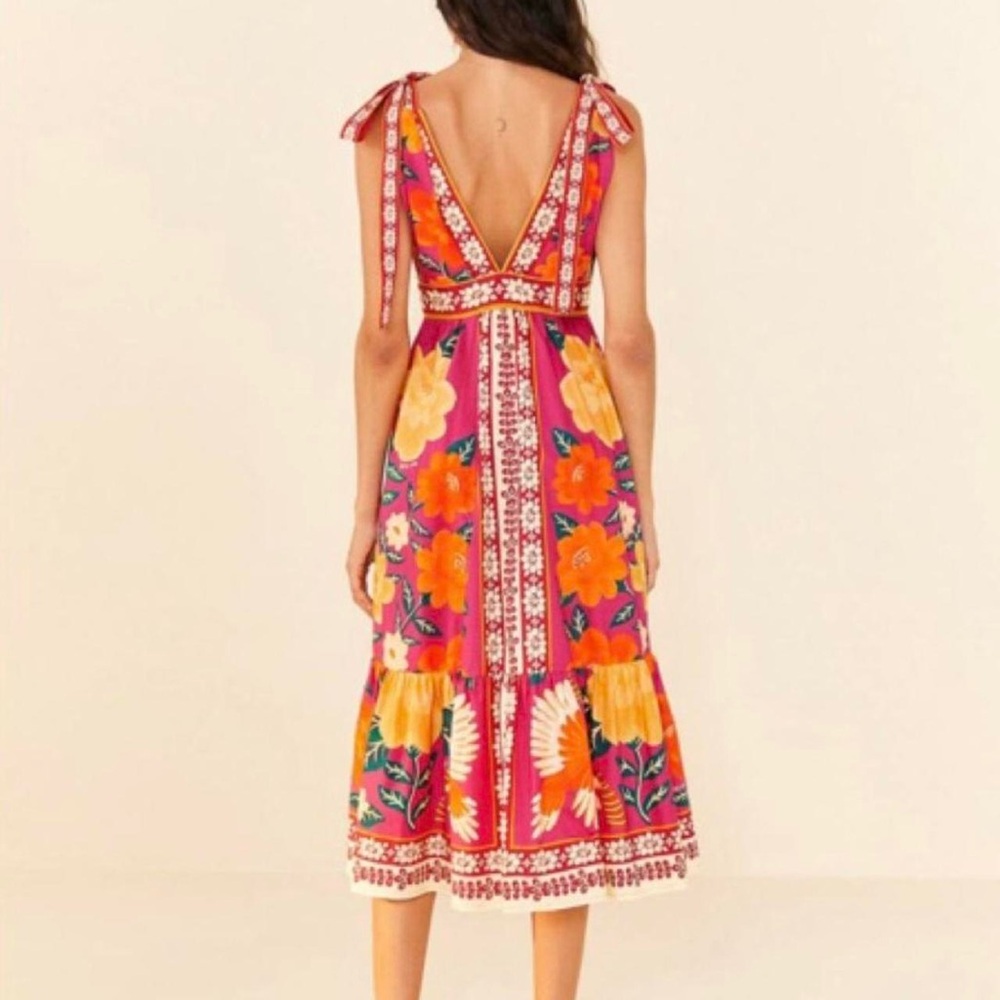 Farm Rio Fuchsia & Orange Floral Tie-Shoulder Midi Dress Size L - Picture 2 of 5